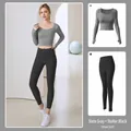 Conjunto de yoga de dos piezas con top corto gris de manga larga y leggings negros - S / Top Y Pantalón / Gris Roca de Mar + Negro Estrellado