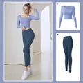 Two-piece yoga suit with built-in bra in gray lake blue and fragrance whale blue - S / Top And Bottom / Lake Blue + Whale Blue