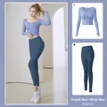 Conjunto de yoga de dos piezas con sujetador en azul lago gris y azul ballena - S / Top Y Pantalón / Azul Lago + Azul Ballena