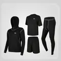 Black 4-piece men's sports set with hooded jacket, mesh t-shirt, shorts, and leggings - S / Top And Bottom / Loose Fit / Black