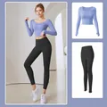 Two-piece yoga suit with long-sleeve crop top and high-waist leggings - Grey Lake Blue + Starry Black