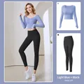 Two-piece yoga suit with long-sleeve crop top and high-waist leggings - Grey Lake Blue + Starry Black