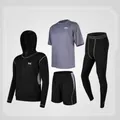Professional men's 4-piece sports compression set featuring hoodie and leggings in grey - S / Top And Bottom / Loose Fit / Gray
