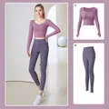 Two-piece yoga suit with long-sleeved top and high-waist leggings in berry purple - Berry Purple + Deep Eggplant Purple