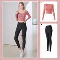 Two-piece yoga set in grapefruit pink and starry black with long sleeve top and leggings - Pomelo Pink + Starry Black