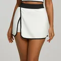 White high-waisted yoga skort with black piping and built-in shorts - S / Bottoms / White