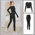Two-piece black long-sleeve yoga suit set for fitness, sports and professional gym workouts - Starry Black + Starry Black