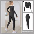Two-piece black long-sleeve yoga suit set for fitness, sports and professional gym workouts - Starry Black + Starry Black