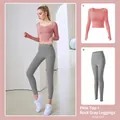 Slim fit breathable yoga suit with pink long sleeve top and grey leggings - Pomelo Pink + Sea Salt Grey
