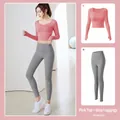 Slim fit breathable yoga suit with pink long sleeve top and grey leggings - Pomelo Pink + Sea Salt Grey