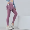Leggings da yoga viola crema bicolore con gonna integrata e tasca laterale pratica - Taglia S / Pantaloni e gonne / Viola Crema