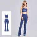 Set yoga blu balena ad alta elasticità con reggiseno sportivo e leggings a zampa - Taglia S / Top e Pantaloni / Blu Balena + Blu Balena