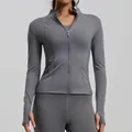 Professional high-stretch grey long sleeve yoga jacket featuring front zipper and thumb holes - S / Tops / Sea Rock Grey
