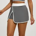 Two-piece gray yoga skort with white trim featuring built-in shorts and side pocket - S / Bottoms / Sea Rock Grey