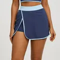 Navy blue athletic yoga skort with light blue trim and built-in shorts for workout - S / Bottoms / Whale Blue