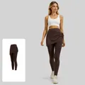 High-waisted brown yoga leggings with ruffled skirt and side drawstring detail design. - S / Bottoms / Distilled Coffee