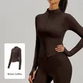 Women's slim fit double zipper yoga jacket in a deep distilled coffee brown color shade - S / Tops / Distilled Coffee
