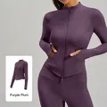 Women's slim fit purple plum yoga jacket with double zipper and functional thumb holes - Purple Plum