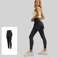 Gun grey drawstring pleated yoga leggings with a stylish 2-in-1 skirt design for women - S / Bottoms / Gun Grey