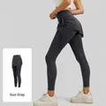 Gun grey drawstring pleated yoga leggings with a stylish 2-in-1 skirt design for women - S / Bottoms / Gun Grey