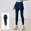 High-waist dark blue fake two-piece yoga leggings with pockets for fitness and running - S / Bottoms / Whale Blue