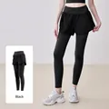Black high-waisted 2-in-1 yoga leggings with side pockets for fitness and running - S / Bottoms / Black