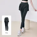 High-waist fake two-piece yoga leggings with side pockets in gray color for fitness - S / Bottoms / Gray