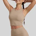 Tan cropped sports yoga tank top and high-waisted leggings set for fitness - S / Tops / Khaki