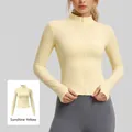 Slim fit sunshine yellow striped yoga jacket with stand collar and thumbhole long sleeves - Sunny Yellow