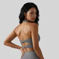 Grey twisted halter yoga bra with open back design for summer fitness and workout sports - S / Tops / Sea Rock Grey
