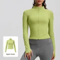 Professional slim fit ribbed yoga jacket with stand collar and thumb holes in apple green - Apple Green