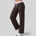High-waisted wide-leg yoga pants in dark brown featuring a pink fold-over drawstring waist - S / Bottoms / Distilled Coffee