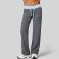 Women's gray wide-leg yoga pants with light blue fold-over waistband and drawstring - S / Bottoms / Sea Rock Grey