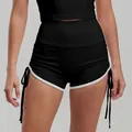 High-waisted black athletic sports shorts with side drawstrings and white contrast trim - S / Bottoms / Starry Black