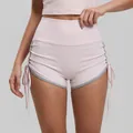 High-waist pink athletic yoga shorts with drawstring sides and gray contrast trim. - S / Bottoms / Mist Pink