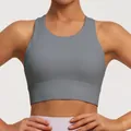 High-impact gray racerback sports bra with nude feel for yoga and fitness training - S / Tops / Sun Grey