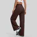 High-waisted brown straight-leg yoga pants with back pocket and flattering peach lift effect - S / Bottoms / Distilled Coffee (Petite)