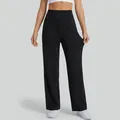 High-waist wide-leg black yoga pants featuring pocket and stretchy peach lifting design - Stellar Black (Petite)