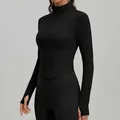 Black long sleeve yoga jacket with stand collar and corset-style waist for fitness - M / Tops / Black
