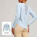 Light blue long-sleeved yoga shirt with a breathable mesh back panel for fitness - S / Tops / Cloud Blue