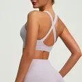 Back view of a premium light purple cross-back yoga sports bra with high elasticity - S / Tops / Purple