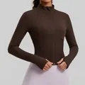 Women's dark brown stand collar yoga sports jacket with ribbed waist and thumbholes - S / Tops / Coffee