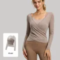 Professional khaki two-piece yoga set with breathable mesh long sleeve top and bra - S / Tops / Khaki