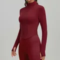 Maroon slim fit yoga jacket with corset-style waist and thumbholes for sports fitness - S / Tops / Fruit