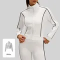 Women's white athletic zip-up jacket with black contrast piping for fitness and running - S / Tops / White