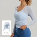 Two-piece yoga set featuring a cloud blue long-sleeve mesh cover-up over a sports bra - S / Tops / Cloud Blue