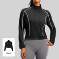 Women's black athletic running jacket with white piping detail in stellar black color - S / Tops / Starry Black