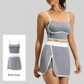Women's two-piece gray sports set with camisole and skirt for yoga and running - S / Top And Bottom / Sea Rock Grey