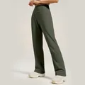 Dark green high-waisted wide-leg yoga pants with a relaxed straight-fit silhouette. - Olive Green