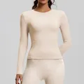 Top da yoga a maniche lunghe con scollo a girocollo slim fit color crema per fitness - Avorio